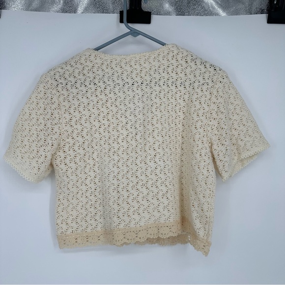 Eber San Francisco Cream Knit Crochet Short Sleeve Button Up Top Medium - Picture 2 of 6